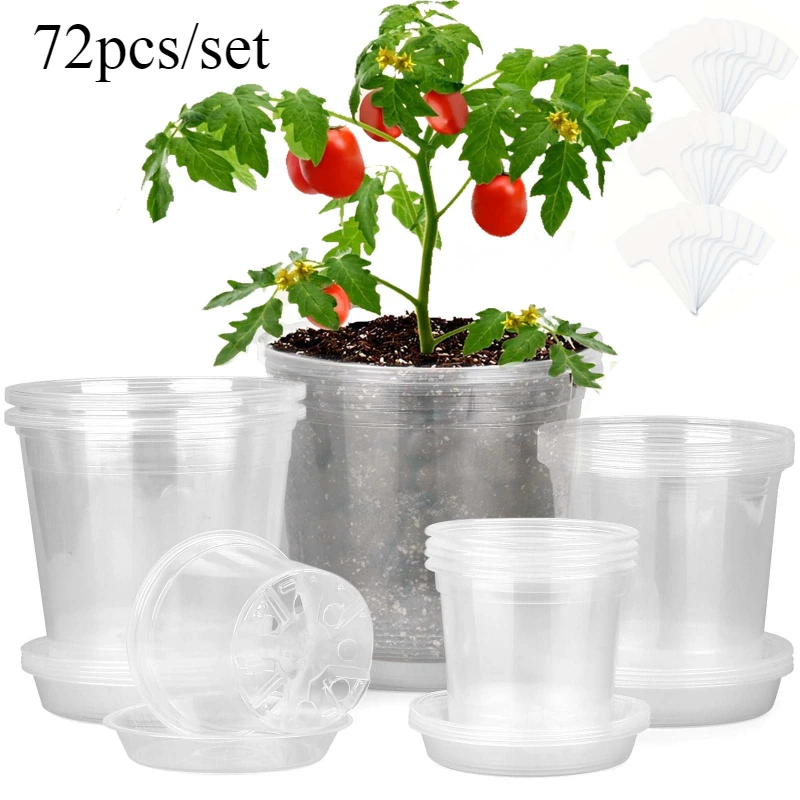 Net Pot 3 Inch - 72 ชิ้น/เซ็ตล้าง Nursery Potsplant พร้อมถาดและป้าย,โปร่งใสพลาสติก Planter,